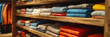 Nicely organised women's wardrobe filled with colourful clothes, cozy bedroom wardrobe. Female closet organization concept. Design for textile, interior, print. Close up view
