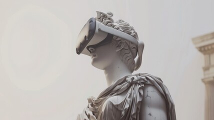 Wall Mural - A 3D-rendered scene where a Greek sculpture character, seamlessly integrating a real VR headset