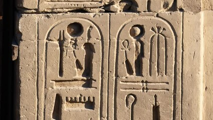 Wall Mural - Ancient Egyptian hieroglyphs and bas-reliefs close-up in Luxor Temple, ancient Thebes, Egypt. Luxor Temple is a large Ancient Egyptian temple complex located on the east bank of the Nile River.