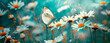 Butterfly on chamomile in teal ambiance, shallow depth of field.