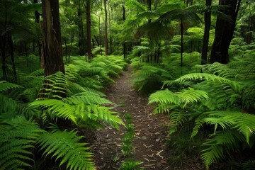  Exploring Summer Fern Forest: A Scenic Green Landscape with Dense Trees and a Serene Pathway through the Rainforest