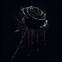 Wall Mural - A black rose, long stem, withered, a drop of blood on the rose petal, on a black background.