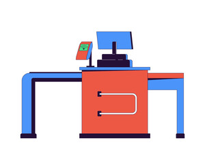 Poster - Supermarket checkout counter 2D linear cartoon object. Grocery store checkout with pos terminal isolated line vector element white background. Technology pos restaurant color flat spot illustration