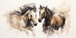 Watercolor paints of two horses on a white background. Illustration in pastel beige colors.