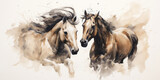 Fototapeta  - Watercolor paints of two horses on a white background. Illustration in pastel beige colors.
