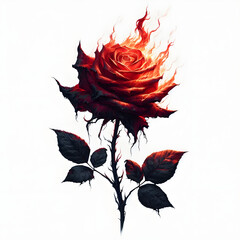 Wall Mural - One red rose, long stem, withered, petals on fire On a white background