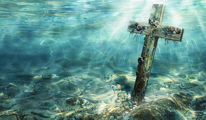 Wall Mural - Cross in the Ocean: A Symbol of Hope in the Depths of the Sea Generative AI
