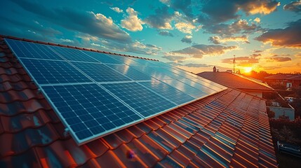 Poster - Installing a solar cell on a roof. Solar panels on roof. Workers installing solar cells on farms.