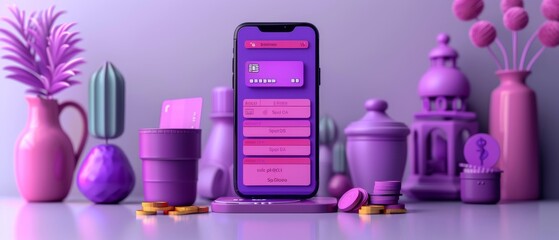 Poster - An image of a 3D phone with the head of a credit card and a wallet. A concept of an online payment system. A mobile wallet application. A banking app. Transferring money via smartphone. Shopping with