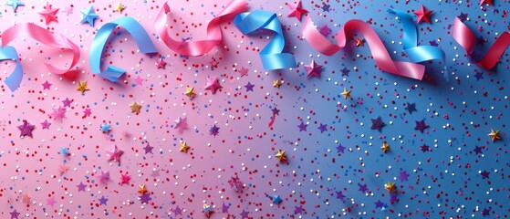 Aufkleber - Party confetti with star and serpentine ribbon. Birthday surprise. Festive decoration elements for poster or banner. Cartoon creative design icon isolated on white background.