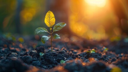 Poster - Growing tree with sunrise on a green world concept for Earth Day.