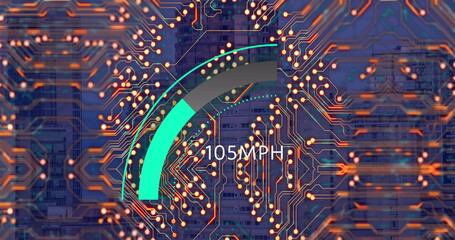 Poster - Image of car panel and computer circuit board over cityscape