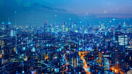 Poster - Concept of a smart city and communication network. 5G. Internet of Things (IoT). Telecommunications.