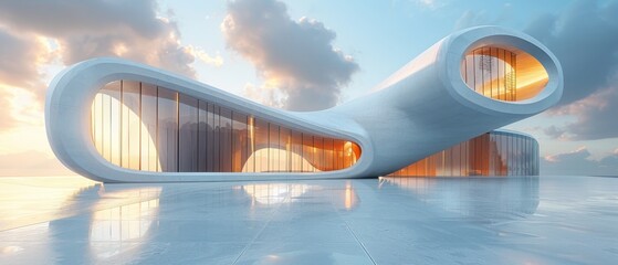 Fototapete - A low angle view of a futuristic skyscraper with curve glass windows, 3D rendering.