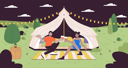 Poster - Romantic glamping people cartoon flat illustration. Luxury tent couple glasses clinking 2D line characters colorful background. Date night outdoors. Cheers wineglasses scene vector storytelling image