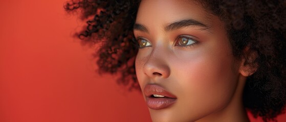 Wall Mural - An African American woman with brunette curly hair against a red background.