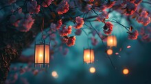 Lanterns Hanging From Tree With Pink Flowers At Night