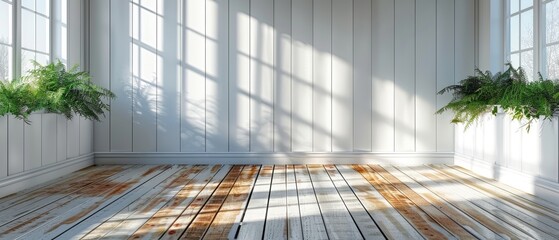 Poster - An interior of white room with wood planks and shadows cast by the sun on the wall in 3D, a perspective of minimal design architecture.