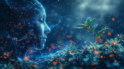 Concept of mental health, learning, and knowledge displayed as a sprout on a dark night background, illustrating the idea of growth mindset in a digitally enhanced style.