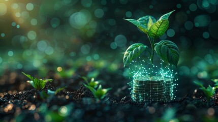 Leinwandbilder - Saving money concept. Green plants on stacks of coins. Low poly style design. Blue geometric background. Wireframe light connection structure. Modern 3D graphic. Isolated modern illustration.