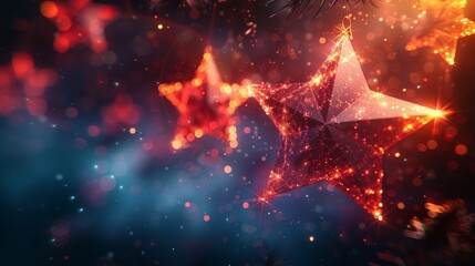 Poster - Happy New Year greeting card with hanging Christmas stars. Abstract geometric background Wireframe light structure Modern 3d graphic concept. Isolated modern illustration.