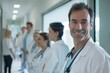 © Bambalino Studio - A group of doctors are standing in a hallway, smiling and posing for a photo. Scene is positive and friendly, as the group appears to be enjoying each other's company