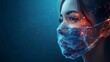 Human in medical protection mask. Low poly wireframe style. Conceptual image for respiratory disease prevention. Abstract polygonal illustration on a blue background.