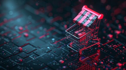 Poster - Isometric shopping trolley and smartphone with awning. Concept of marketing and e-commerce.Shop online concept.Abstract isolated on black.