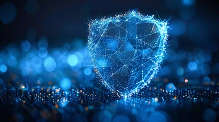 Poster - A shield in low poly wireframe style is connected to a geometric silhouette, suggesting protection and security. Polygon abstract isolated on blue background.
