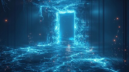 Aufkleber - Open door digital modern illustration on a blue background. Technology portal in a polygonal wireframe glowing style.
