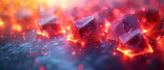 Poster - An abstract futuristic technology background with 3D objects in space and neon glowing geometric shapes. This banner is in a modern, abstract style.