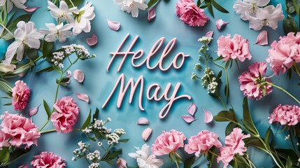 Wall Mural - abstract background with watercolor colorful splashes and flowers. hello may handwritten modern call