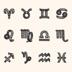 Wall Mural - zodiac sign in linocut style. hand drawn vector illustration.
