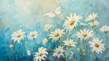 vibrant oil painting of white daisies on a textured blue background, highlighting nature and artistr