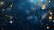 Abstract background of festive golden bokeh lights shimmering in the darkness.