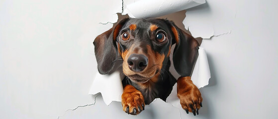 Wall Mural - A happy cute dachshund dog rips a round hole through a white paper wall and peeps through the hole. Focus on the eyes of the dog.