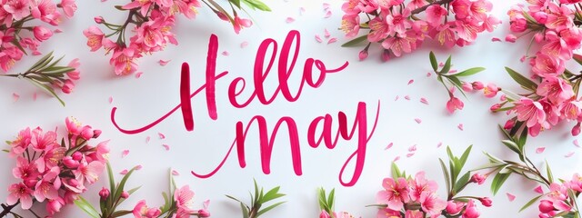Wall Mural - abstract background with watercolor colorful splashes and flowers. hello may handwritten modern call