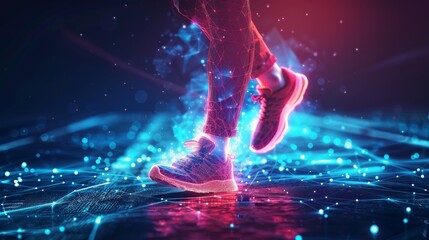 Poster - Runners' feet. Low polygonal design. Abstract geometric background. Wireframe light connection structure. Modern 3D graphic concept. Isolated  illustration.