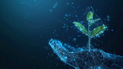 Aufkleber - The abstract design shows a hand giving a hand to a young plant in soil against a blue geometric background. There is a wireframe structure for light connection. This is a modern 3d graphic concept.