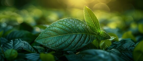 Poster - A green leaf on a blurred greenery background. Beautiful leaf texture in sunlight. Natural plants landscape, ecology. Closeup nature view with ample space for text. Natural green background.