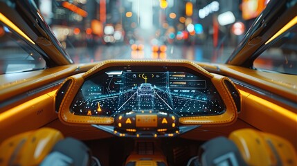 Aufkleber - Smart car (HUD) concept image. Empty cockpit inside vehicle, and the screen of the car in self-driving mode.