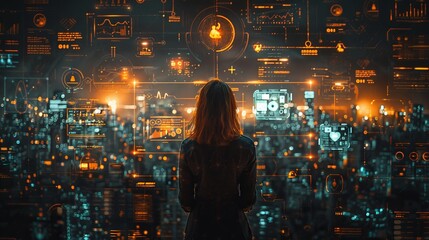 Leinwandbilder - The future of Industry 4.0 in industry and business virtual diagrams with AI, robot assistants, cloud, big data and automation. Professional investor working on start-up project.