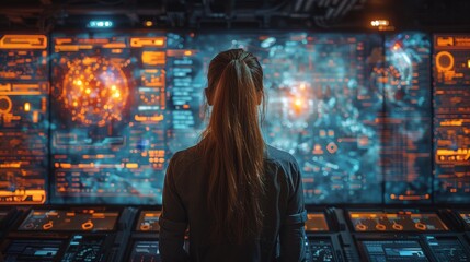 Aufkleber - People looking at holograms. System engineering. Data library.