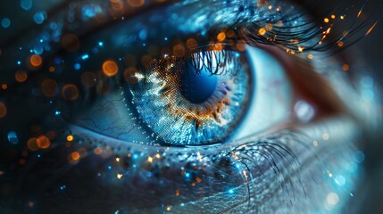 Aufkleber - Wallpaper with blue eye interface. Biometrics and scanning concept. Double exposure.