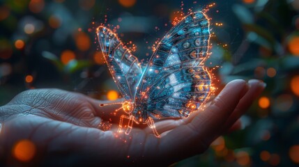 Poster - Creating new technologies in a digital future, digital butterfly in hand. Modern illustration with neon lights and light effects.
