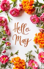 Wall Mural - abstract background with watercolor colorful splashes and flowers. hello may handwritten modern call