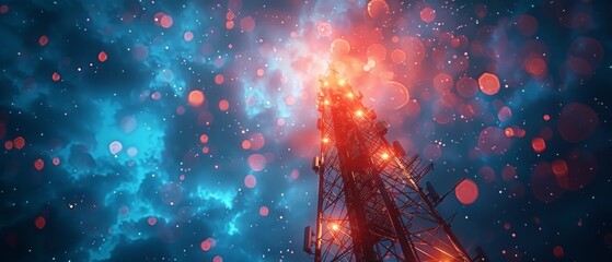Aufkleber - A blue abstract antenna mast illustrates 5G technology, the telecommunications industry, the telecommunication network, broadcast television, a mobile phone, a 5G telecommunication, city