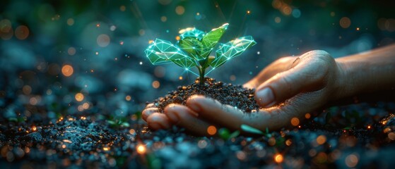 Aufkleber - An abstract giving hand with young plants planted in soil. Blue geometric background. Wireframe light connection structure. Modern 3D graphic concept. Isolated  illustration.