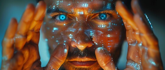 Poster - Arab man using hologram in future user interface concept. GUI (Graphical User Interface). Display (Head Up Display). Internet of Things.