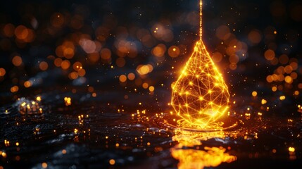 Canvas Print - A falling golden oil drop in a modern 3D graphic concept. Geometric background. Light connection structure in wireframes. Isolated  illustration. Design in a low poly style.